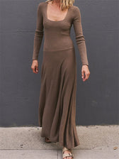 Women Fall Square Neck Sleeve Knitted Pleated Fashion Holiday Vestido