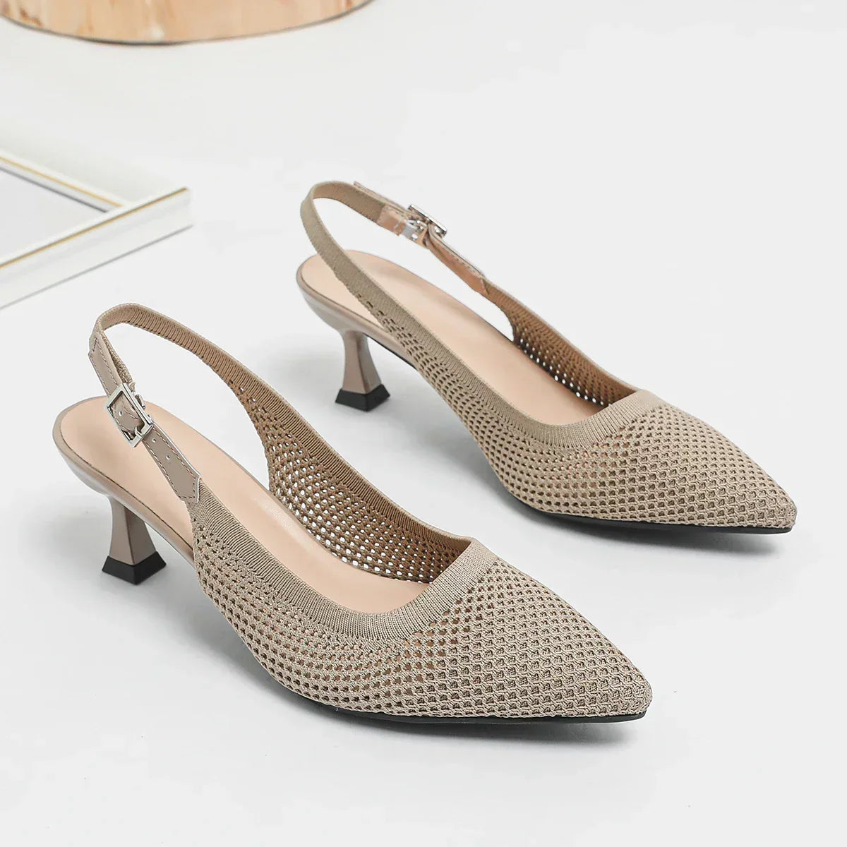 Pointed Toe Slingback Mesh Kitten Heel Pumps