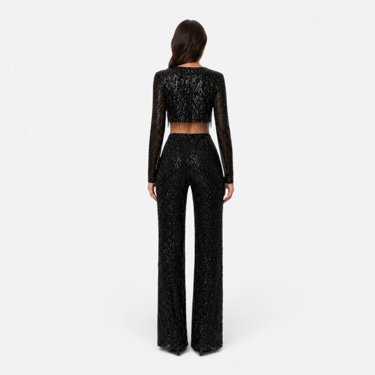 Maison Straver | Women’s Sequin Two Piece Set Crop Top Wide Leg Pants Evening Outfit