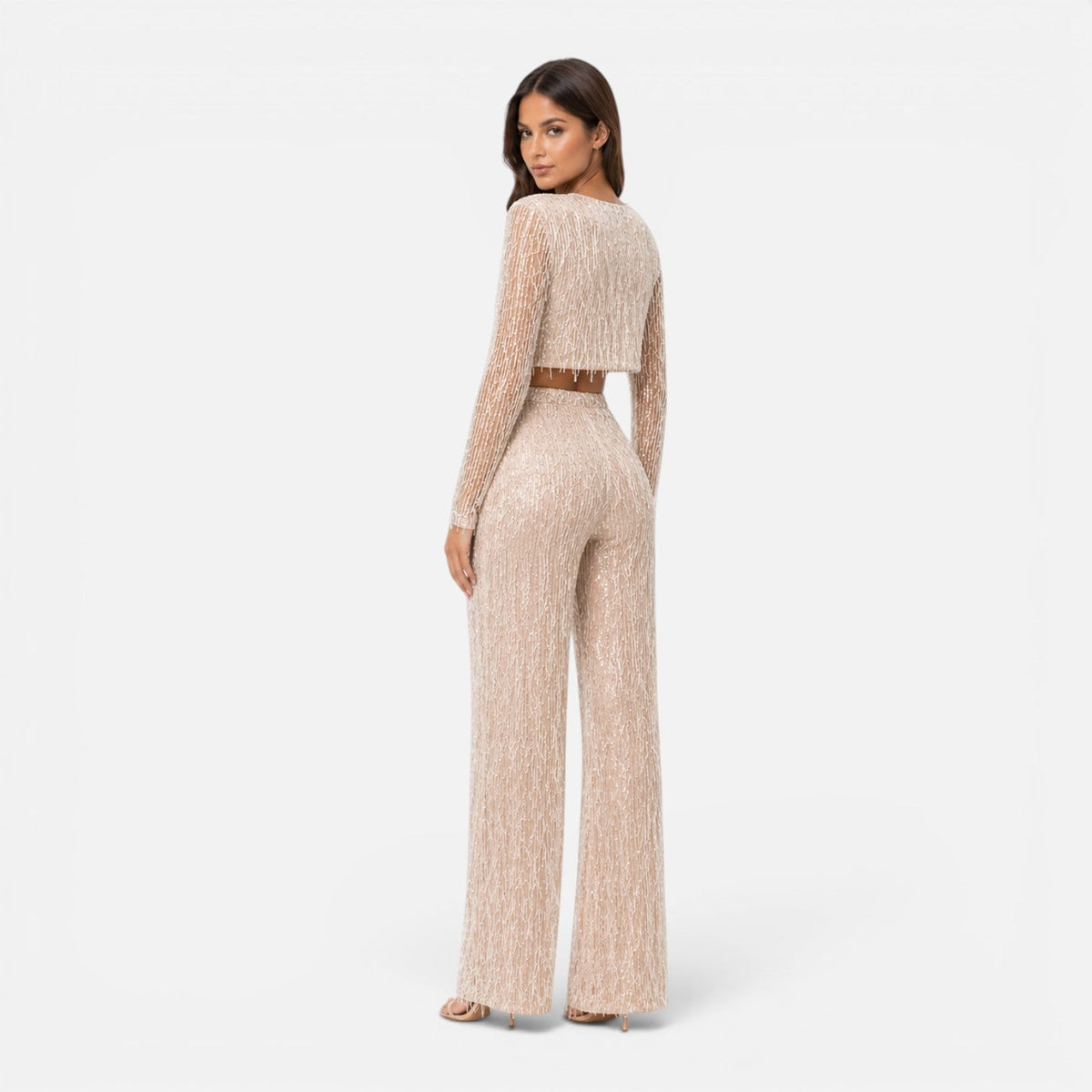Maison Straver | Women’s Sequin Two Piece Set Crop Top Wide Leg Pants Evening Outfit