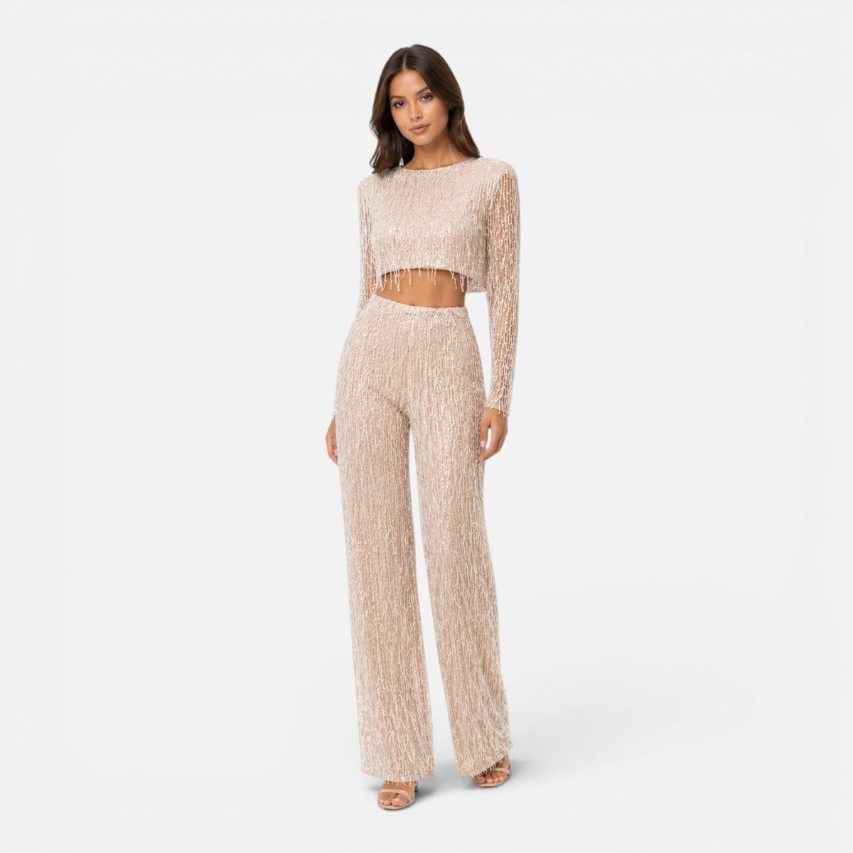 Maison Straver | Women’s Sequin Two Piece Set Crop Top Wide Leg Pants Evening Outfit