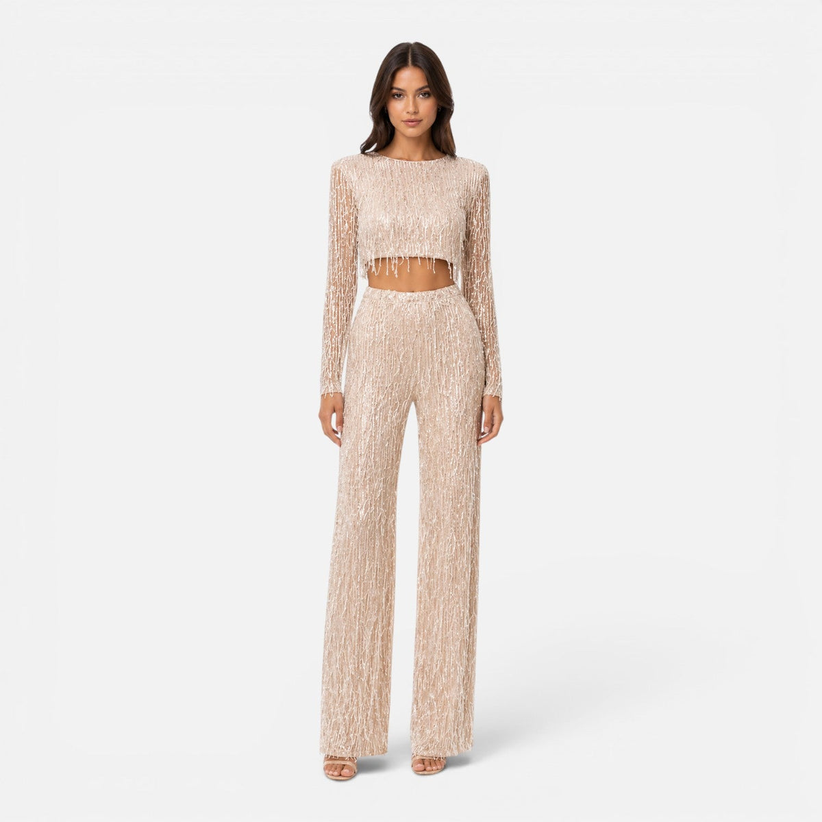 Maison Straver | Women’s Sequin Two Piece Set Crop Top Wide Leg Pants Evening Outfit
