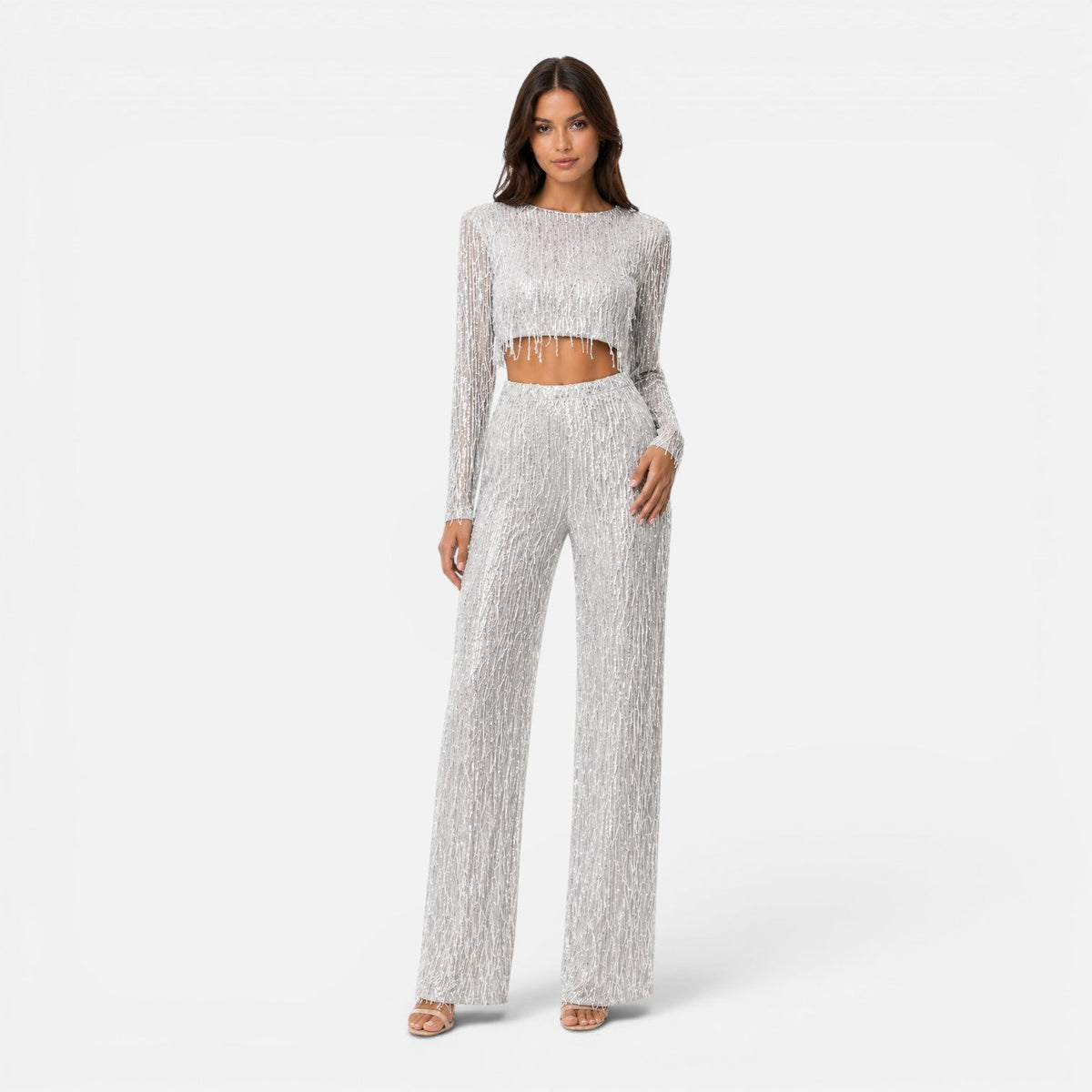 Maison Straver | Women’s Sequin Two Piece Set Crop Top Wide Leg Pants Evening Outfit