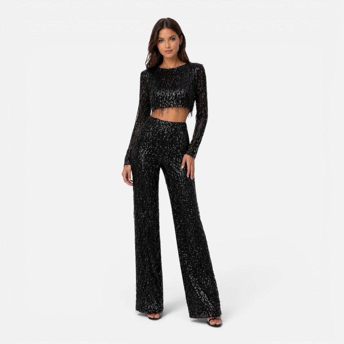 Maison Straver | Women’s Sequin Two Piece Set Crop Top Wide Leg Pants Evening Outfit