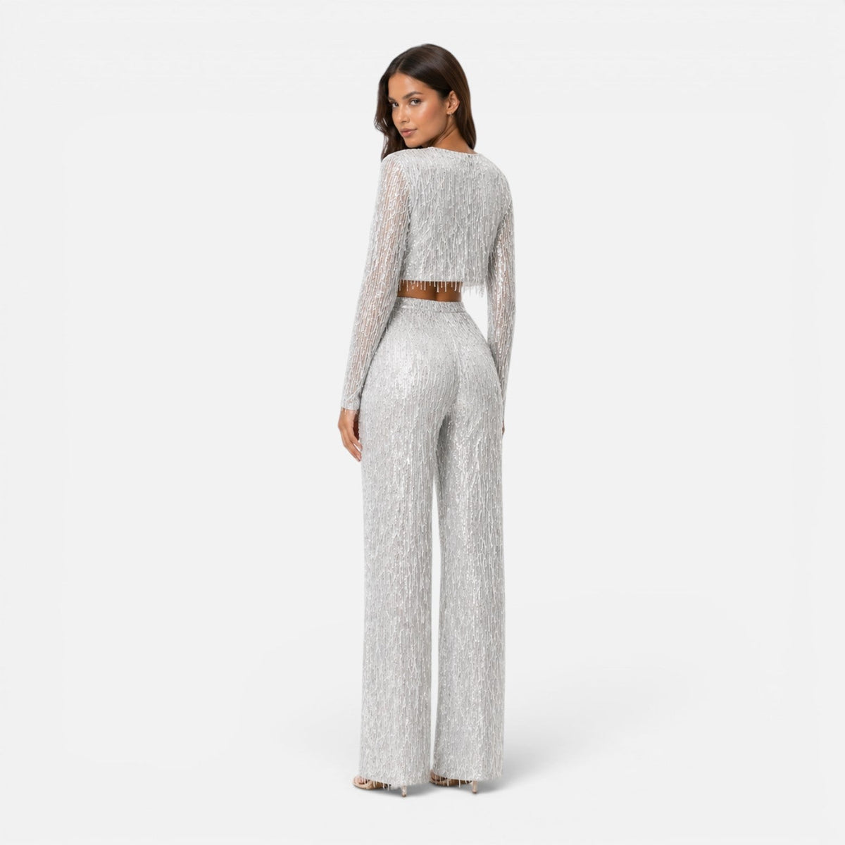 Maison Straver | Women’s Sequin Two Piece Set Crop Top Wide Leg Pants Evening Outfit