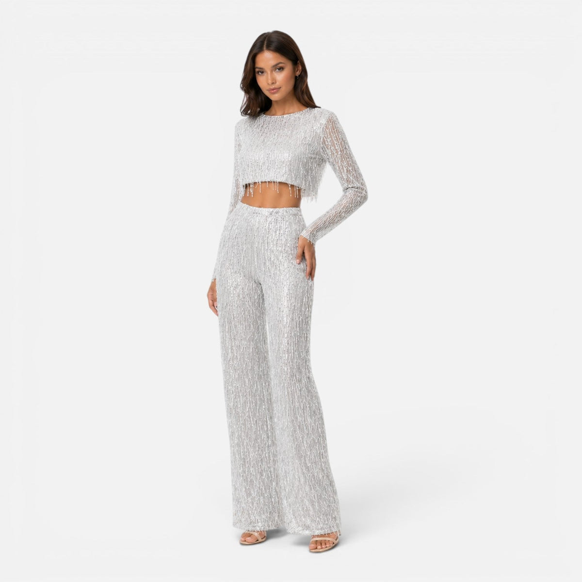 Maison Straver | Women’s Sequin Two Piece Set Crop Top Wide Leg Pants Evening Outfit