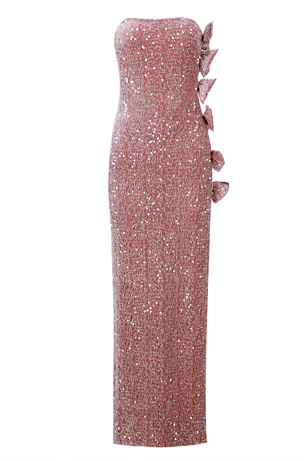 Sequin Strapless Bow Side Cut Out High Split Maxi Gown 5