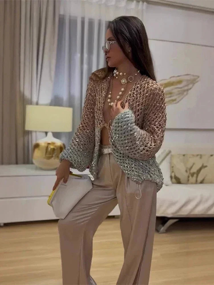 Sequin Open Knit Balloon Sleeve Single Button Cropped Cardigan 4