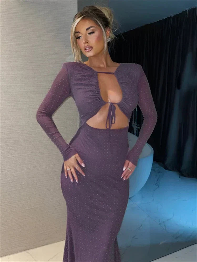 Rhinestone Mesh Long Sleeve Cut Out Tie Front Bodycon Midi Dress 6