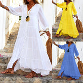 V-Neck Long Sleeve Button Up Tiered Maxi Dress