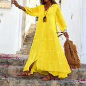 V-Neck Long Sleeve Button Up Tiered Maxi Dress 3