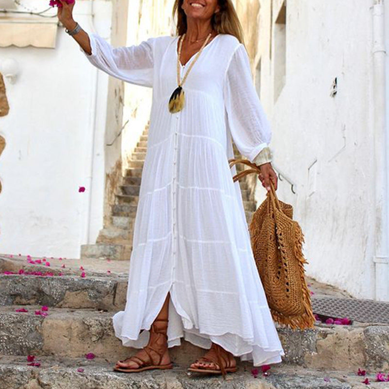 V-Neck Long Sleeve Button Up Tiered Maxi Dress 4