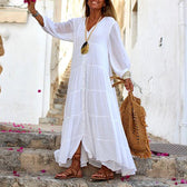 V-Neck Long Sleeve Button Up Tiered Maxi Dress 4