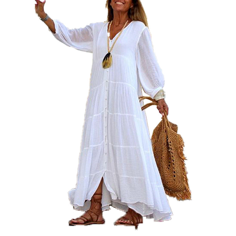 V-Neck Long Sleeve Button Up Tiered Maxi Dress 5