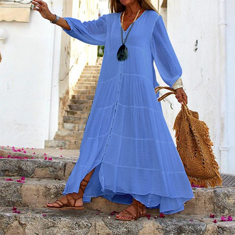 V-Neck Long Sleeve Button Up Tiered Maxi Dress 8