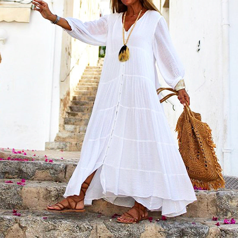 V-Neck Long Sleeve Button Up Tiered Maxi Dress 12