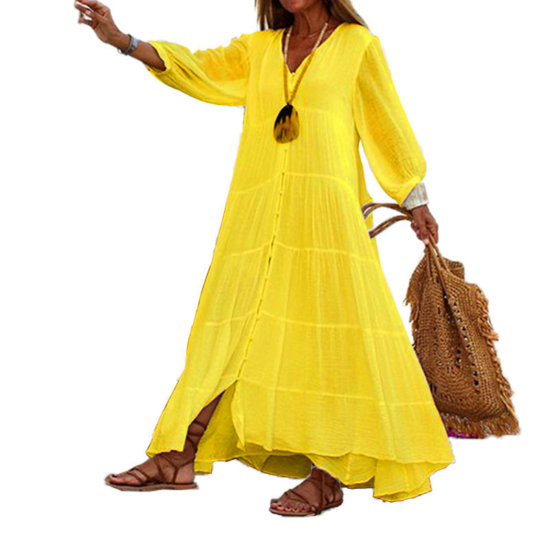 V-Neck Long Sleeve Button Up Tiered Maxi Dress 16