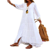 V-Neck Long Sleeve Button Up Tiered Maxi Dress 17