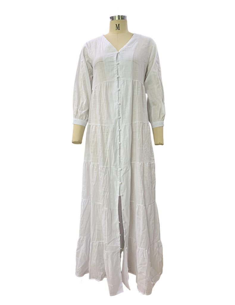 V-Neck Long Sleeve Button Up Tiered Maxi Dress 27