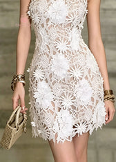 Sexy Apricot Floral Slim Fit Lace Spaghetti Strap Dresses Summer 4