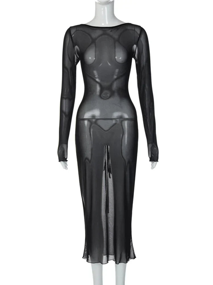 Sheer Mesh Boat Neck Long Sleeve Bodycon Midi Dress 7