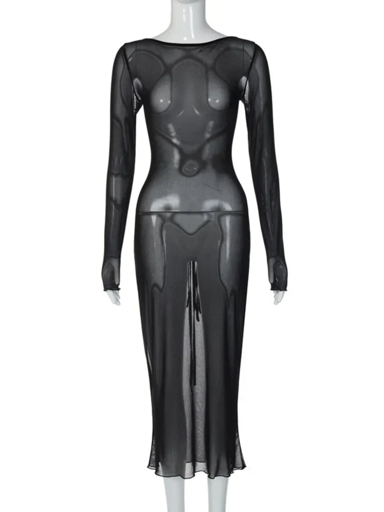Sheer Mesh Boat Neck Long Sleeve Bodycon Midi Dress 6