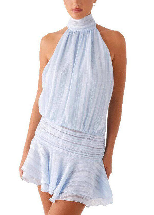 Satin Halter Neck Smocked Waist Tiered Ruffle Shadow Stripe Mini Dress