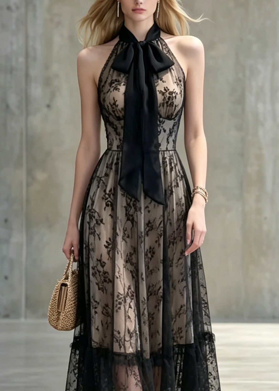 Floral Lace Halter Neck Bow Detail Ruffled Sheer Hem A-Line Midi Dress