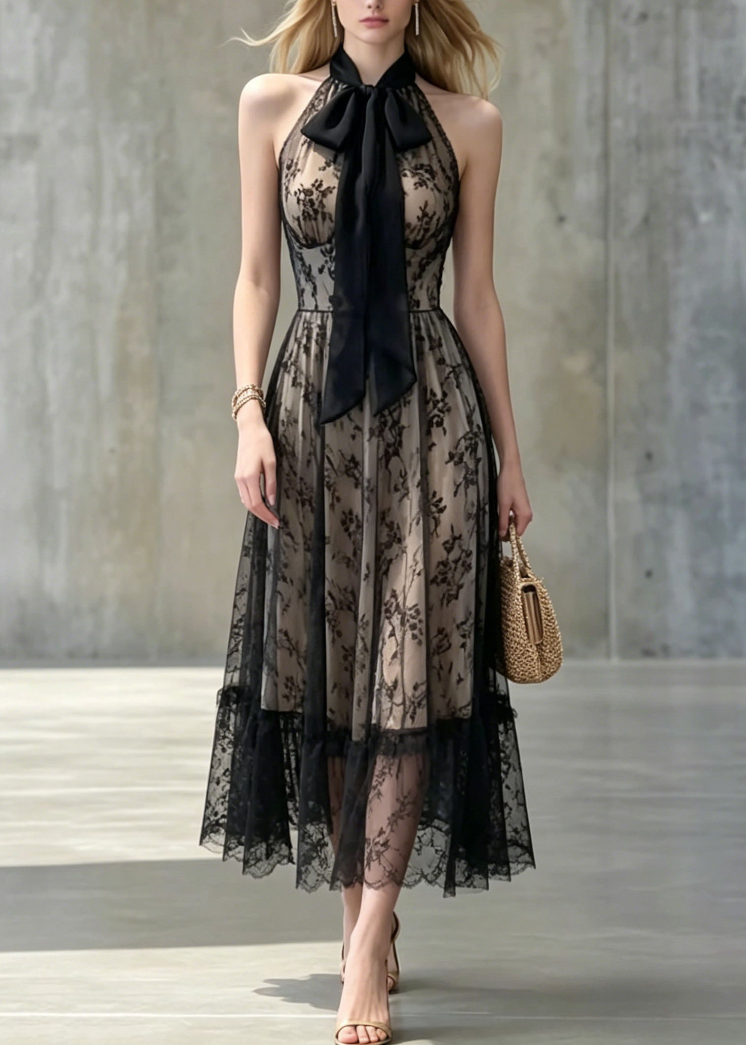 Sexy Black Bow Patchwork Lace Long Dresses Sleeveless
