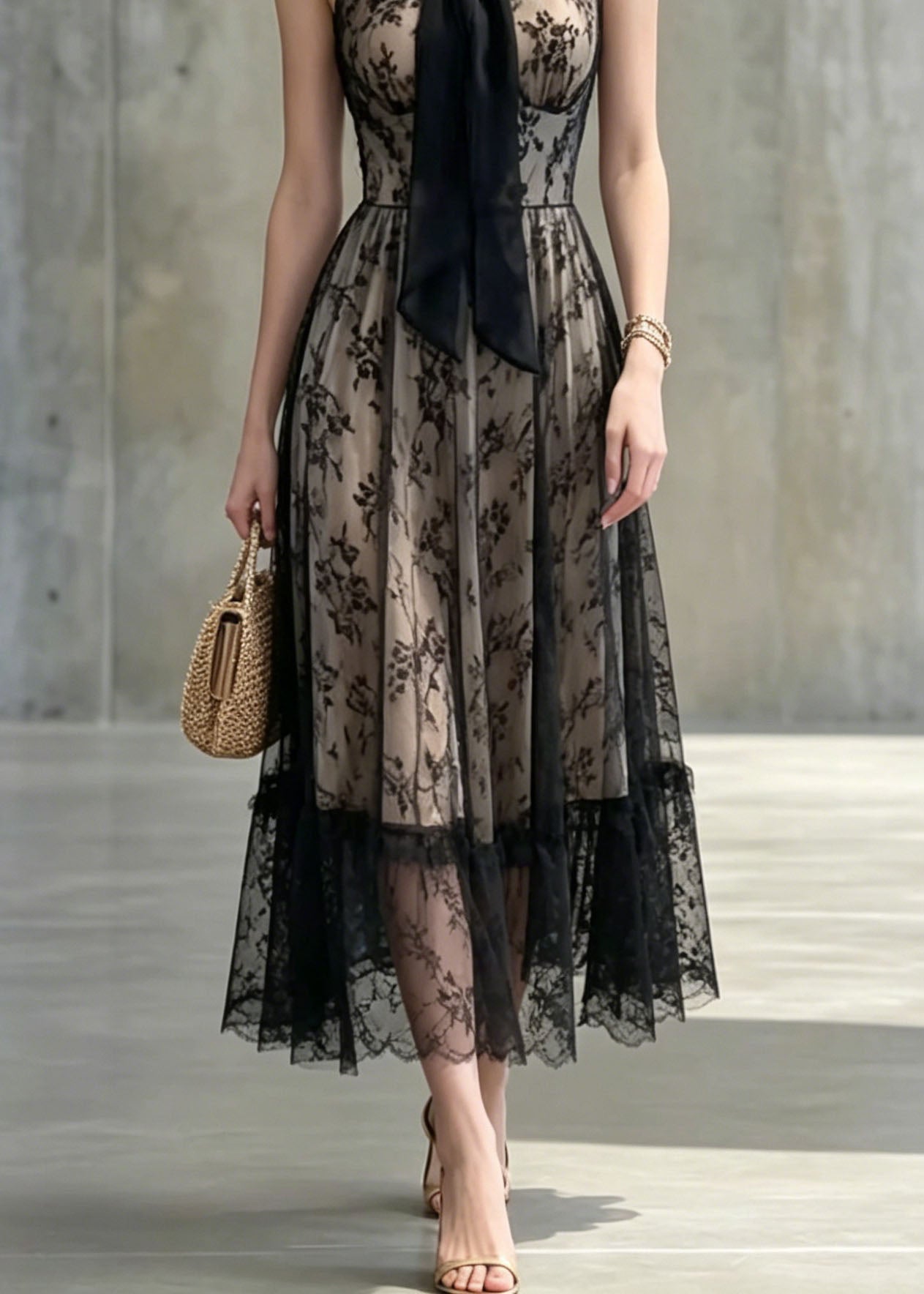 Floral Lace Halter Neck Bow Detail Ruffled Sheer Hem A-Line Midi Dress