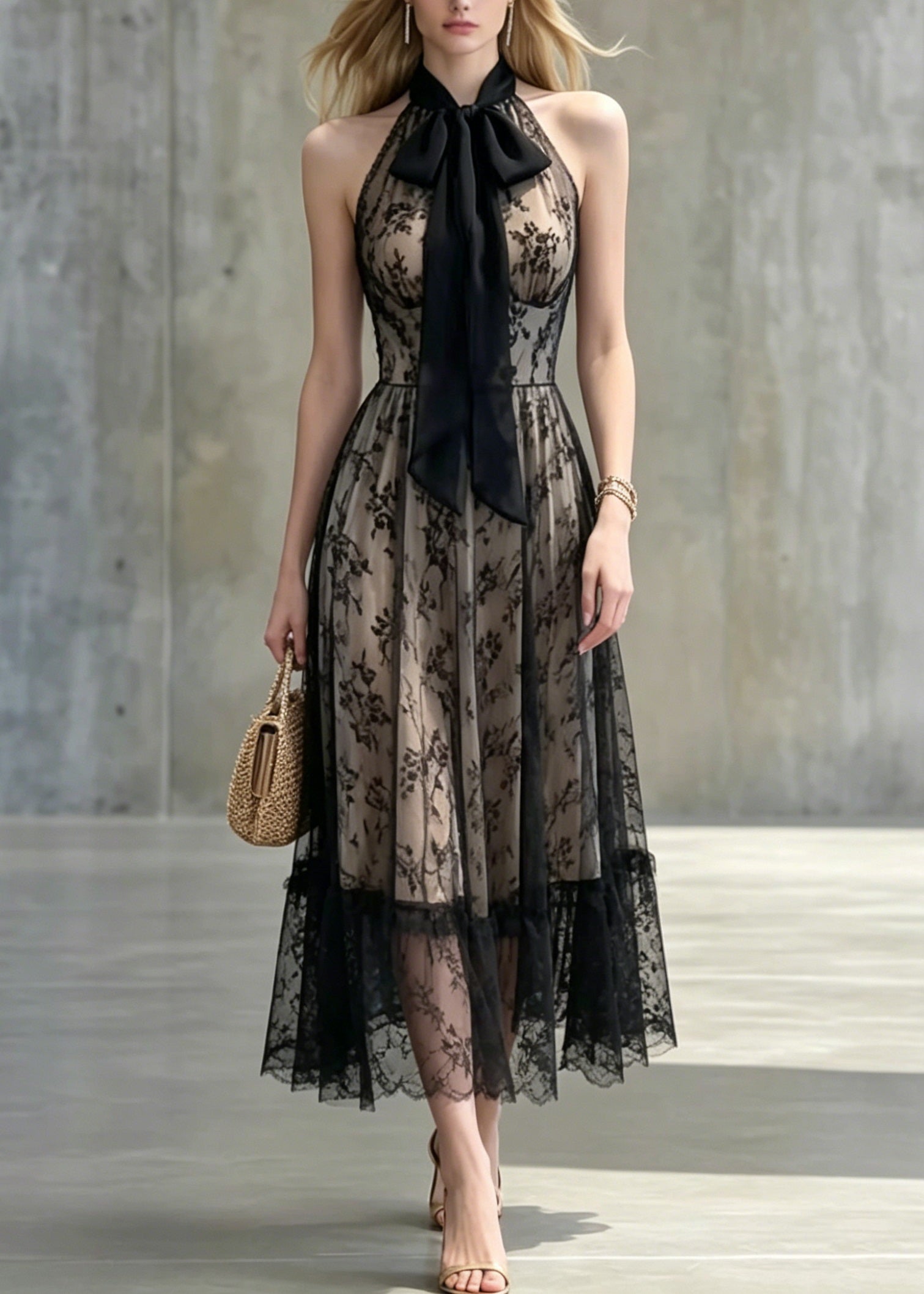 Floral Lace Halter Neck Bow Detail Ruffled Sheer Hem A-Line Midi Dress