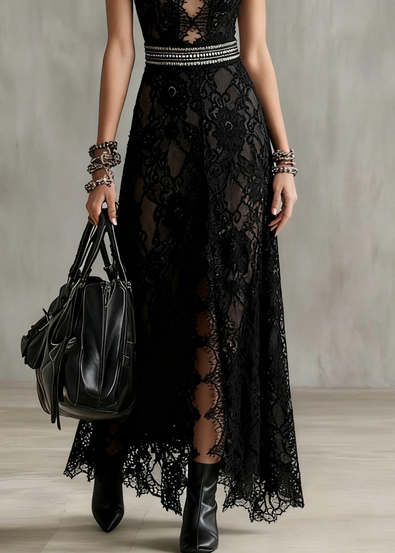 Lace Floral Cut Out Lattice Bodice Studded Waist High Split Sleeveless Maxi Gown