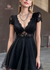 Sexy Black V Neck Lace Patchwork Tulle Mini Dress Summer 2