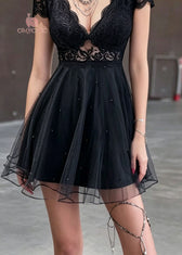 Sexy Black V Neck Lace Patchwork Tulle Mini Dress Summer 4