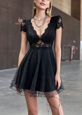 Sexy Black V Neck Lace Patchwork Tulle Mini Dress Summer 5