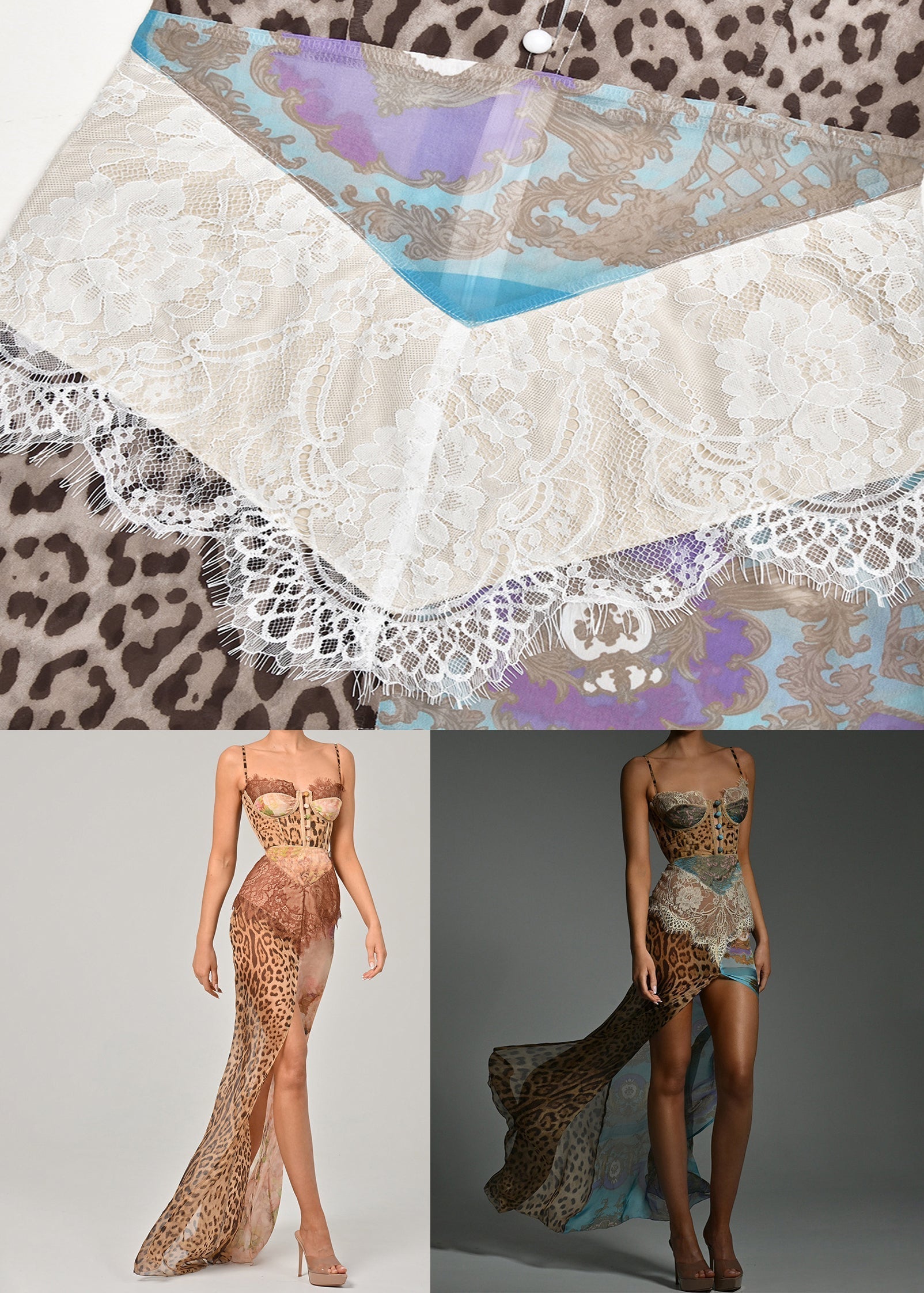 Patchwork Corset Bustier Lace Trim Spaghetti Strap High Split Chiffon Maxi Gown