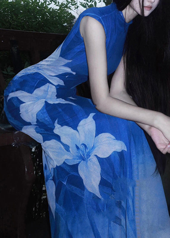 Large Floral Print Mock Neck Sleeveless Bodycon Maxi Dress