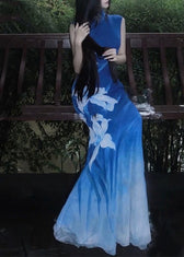 Sexy Blue O-Neck Print Tulle Maxi Dresses Sleeveless 2