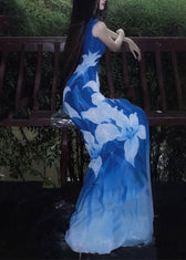 Sexy Blue O-Neck Print Tulle Maxi Dresses Sleeveless 3