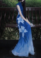 Sexy Blue O-Neck Print Tulle Maxi Dresses Sleeveless 4