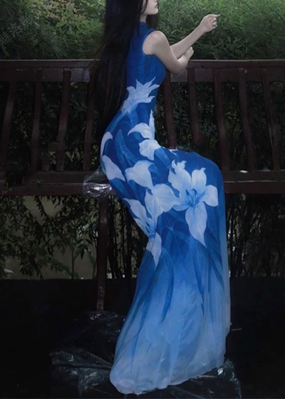 Sexy Blue O-Neck Print Tulle Maxi Dresses Sleeveless 5