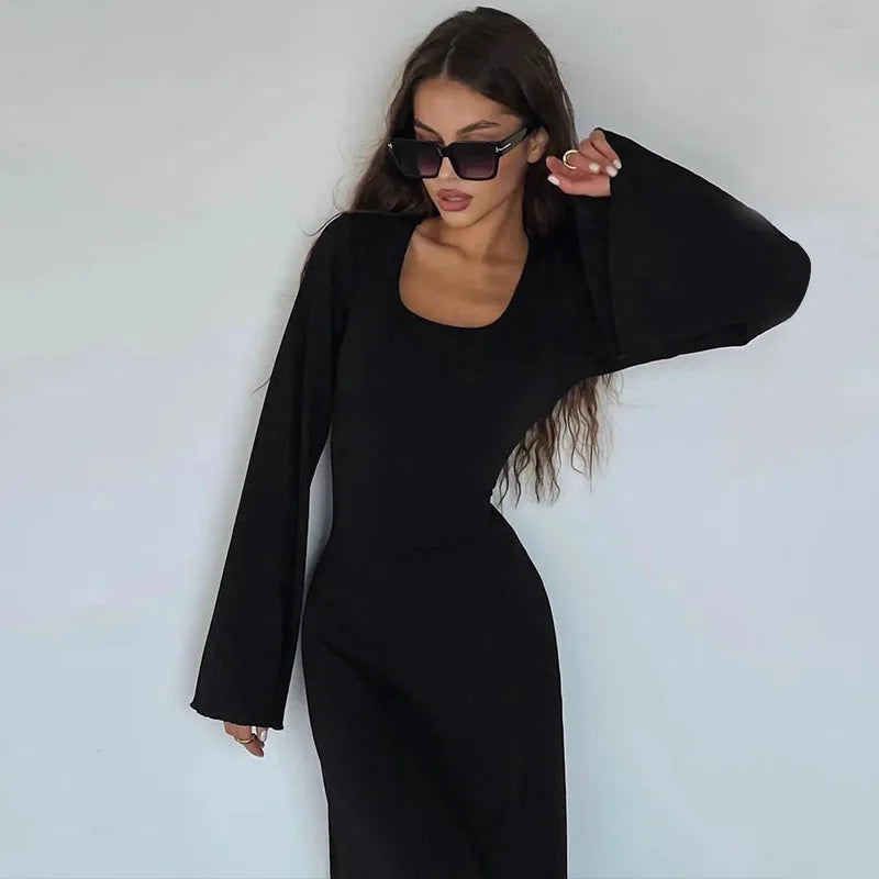 Graceful Bodycon Flare Sleeve Maxi Dress
