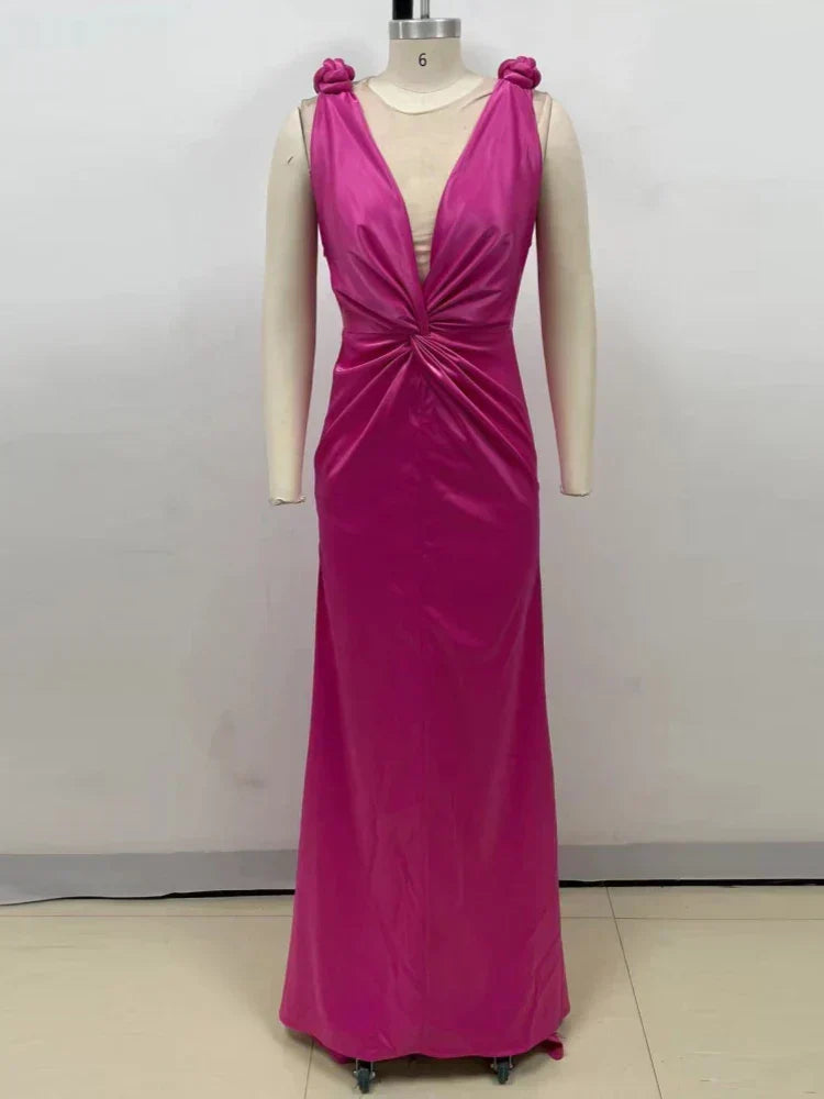 Satin Deep V-Neck Twist Front Knot Shoulder Mermaid Maxi Gown 8
