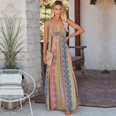 Deep V-Neck Spaghetti Strap Boho Print Maxi Dress
