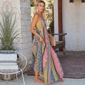 Deep V-Neck Spaghetti Strap Boho Print Maxi Dress 3