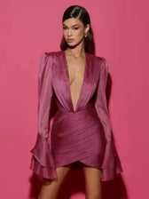 Backless Deep V-Neck Flared Sleeve Mini Dress