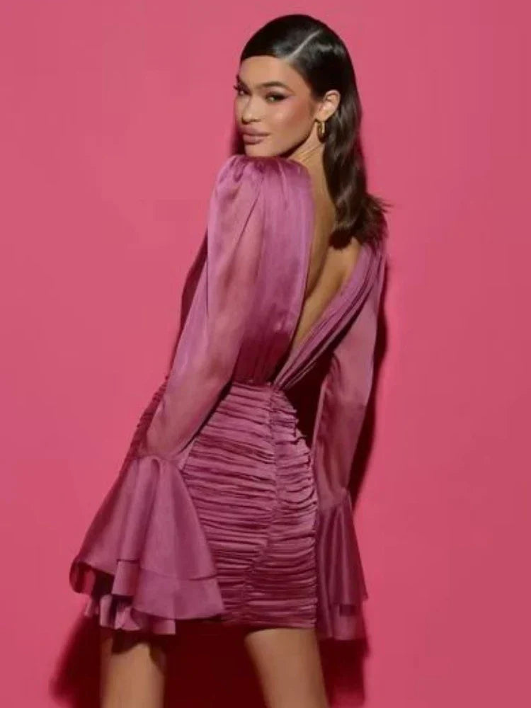 Backless Deep V-Neck Flared Sleeve Mini Dress