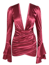 Sexy Deep V Neck Flare Sleeve Pleats Mini Backless Christmas Party Dress Pink / S Dresses-L