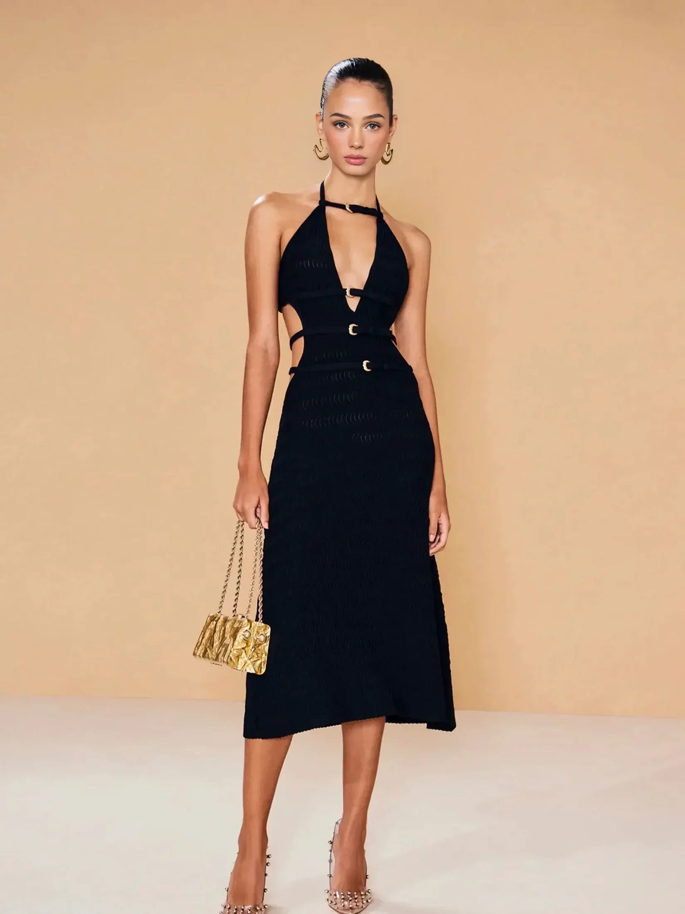 Halter-Neck Deep V-Neck Dress