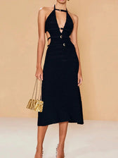 V-Neck Hollow Out Halter Party Dress Black / S